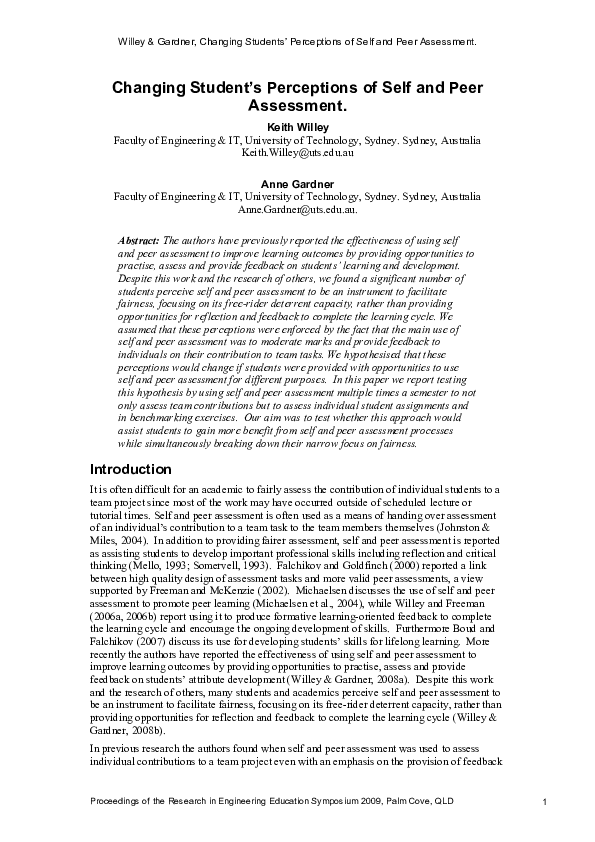 (PDF) Changing Student’s Perceptions of Self and Peer Assessment