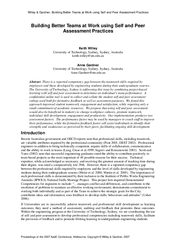 (PDF) Building better teams at work using self and peer assessment ...