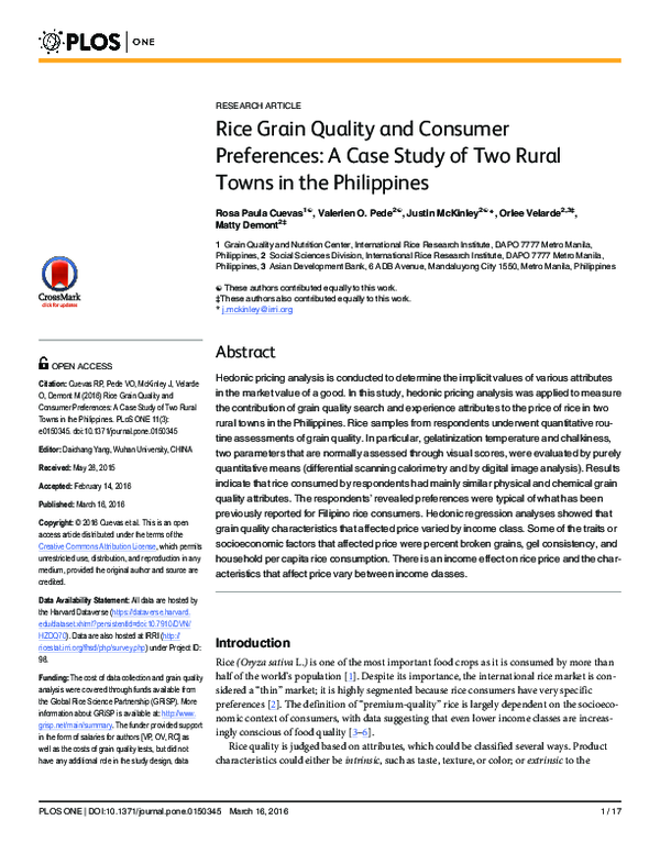 (PDF) Rice Grain Quality and Consumer Preferences A Case Study of Two