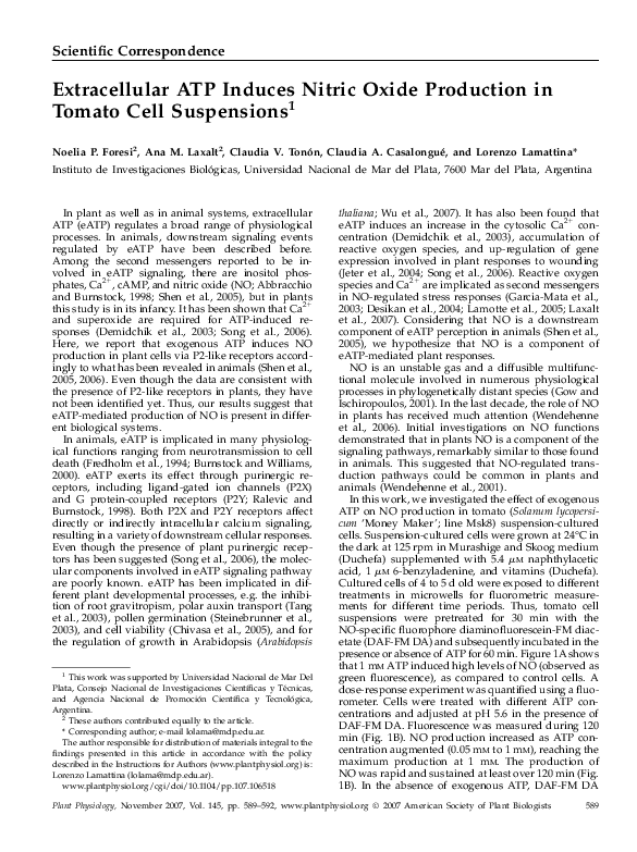 (PDF) Extracellular ATP Induces Nitric Oxide Production in Tomato Cell ...