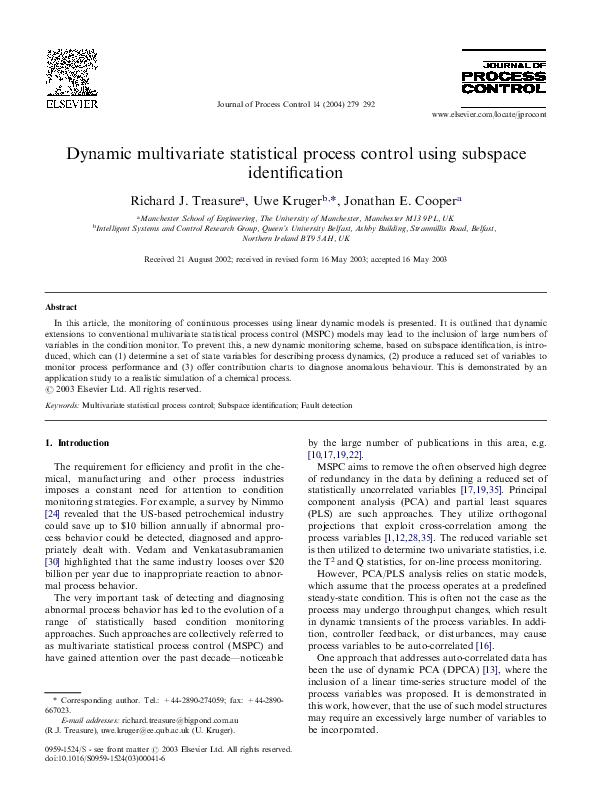 (PDF) Dynamic multivariate statistical process control using subspace ...