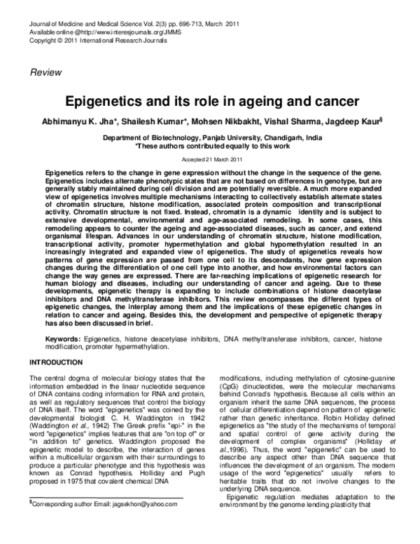 (PDF) Epigenetics and its role in ageing and cancer