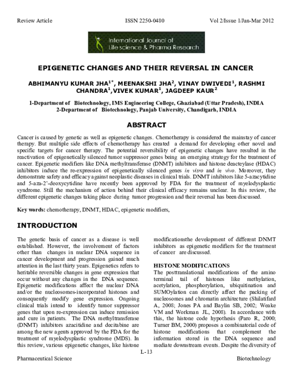 (PDF) Epigenetic Changes and Their Reversal in Cancer