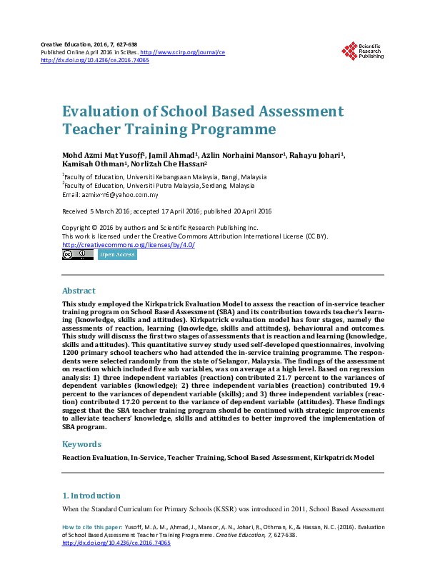 (PDF) Evaluation of School Based Assessment Teacher Training Programme