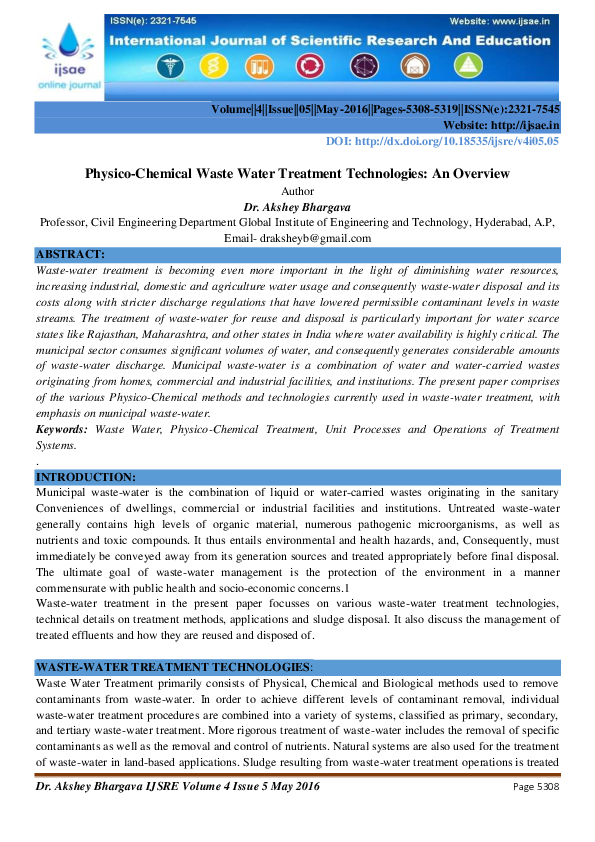 (PDF) PhysicoChemical Waste Water Treatment Technologies An Overview