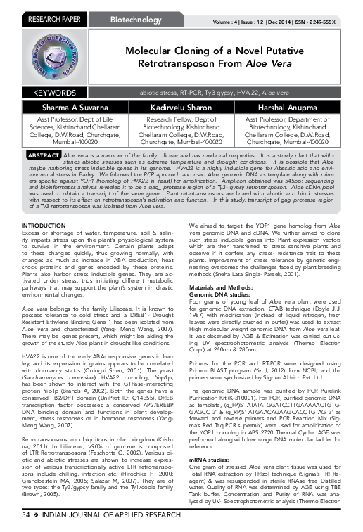 (PDF) Molecular Cloning of a Novel Putative Retrotransposon From Aloe Vera