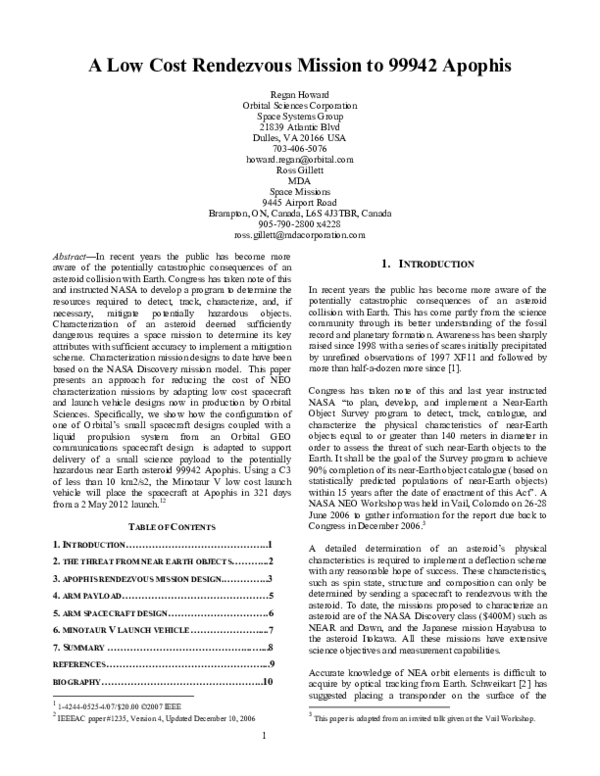 (PDF) A Low Cost Rendezvous Mission to 99942 Apophis