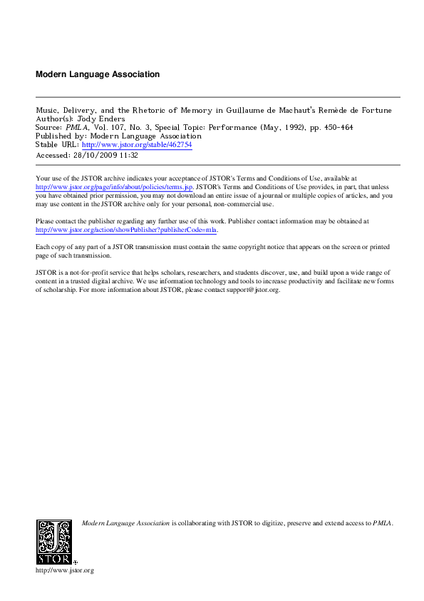 Pdf Music Delivery And The Rhetoric Of Memory In Guillaume De Machaut S Remede De Fortune Jody Enders Academia Edu