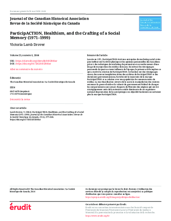 (PDF) ParticipACTION, Healthism, and the Crafting of a Social Memory ...