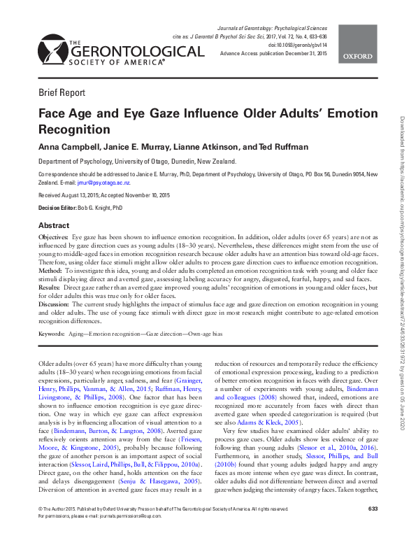 (PDF) Face Age and Eye Gaze Influence Older Adults' Emotion Recognition