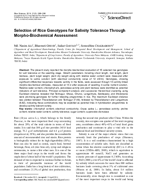 (PDF) Selection of Rice Genotypes for Salinity Tolerance Through Morpho ...
