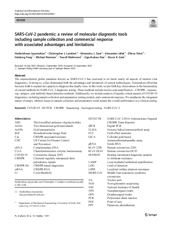 (PDF) SARS-CoV-2 pandemic: a review of molecular diagnostic tools ...