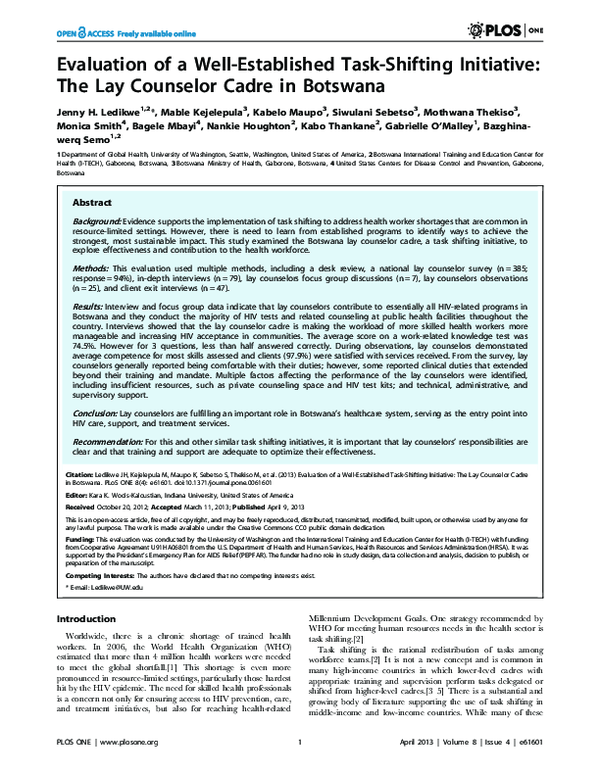 PDF) Evaluation of a well-established task-shifting initiative: the lay  counselor cadre in Botswana | Nankie Ramabu - Academia.edu