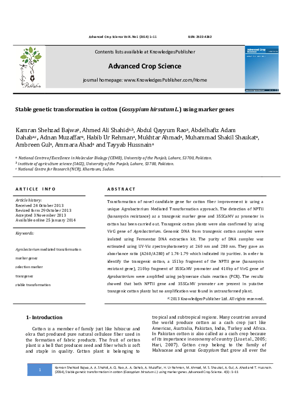 (PDF) Genetic Transformation of Cotton (Gossypium hirsutum) Using ...