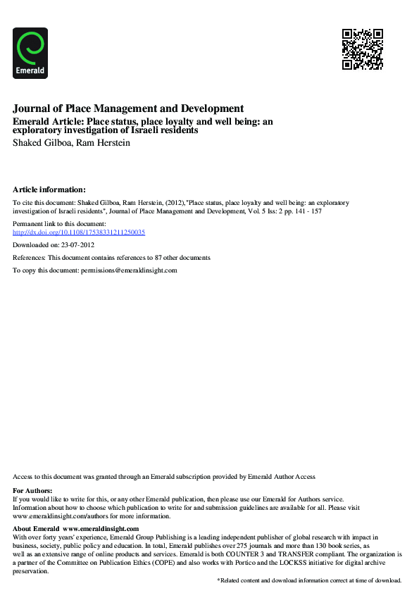 (PDF) Place status, place loyalty and well being: an exploratory ...