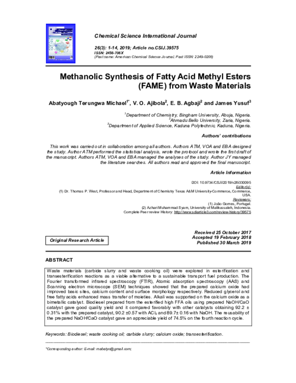 (PDF) Methanolic Synthesis of Fatty Acid Methyl Esters (FAME) from