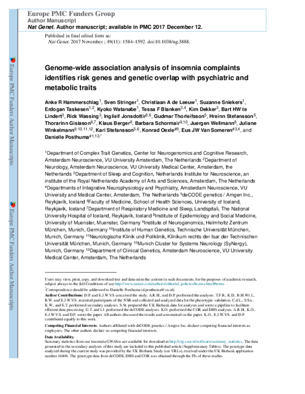 (PDF) Genome-wide association analysis of insomnia complaints ...