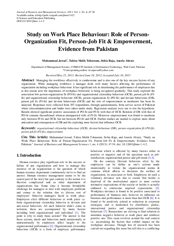 (PDF) Study on Work Place Behaviour: Role of Person-Organization Fit ...