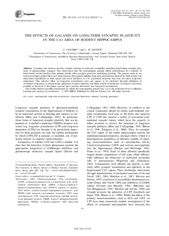 (PDF) The effects of galanin on long-term synaptic plasticity in the ...