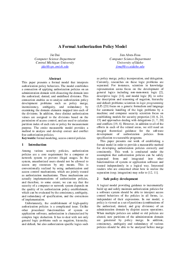 (PDF) A Formal Authorization Policy Model
