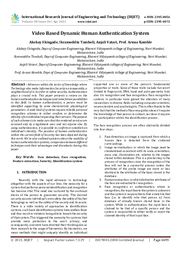 (PDF) Video Based Dynamic Human Authentication System