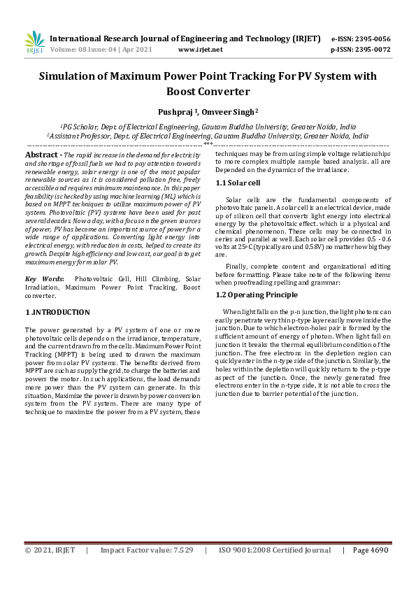 (PDF) IRJET- Simulation of Maximum Power Point Tracking For PV System ...