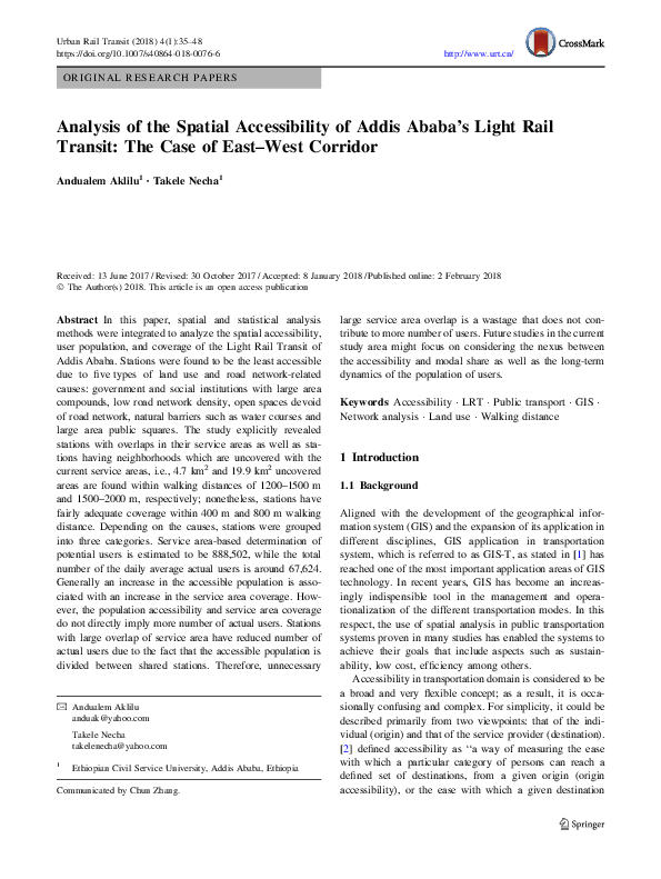 (PDF) Analysis of the Spatial Accessibility of Addis Ababa’s Light Rail ...