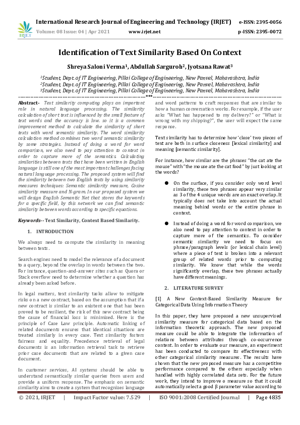 (PDF) IRJET- Identification of Text Similarity Based On Context