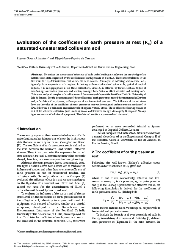 (PDF) Evaluation of the coefficient of earth pressure at rest (K0) of a ...