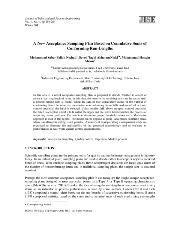 (PDF) A new acceptance sampling plan based on cumulative sums of ...
