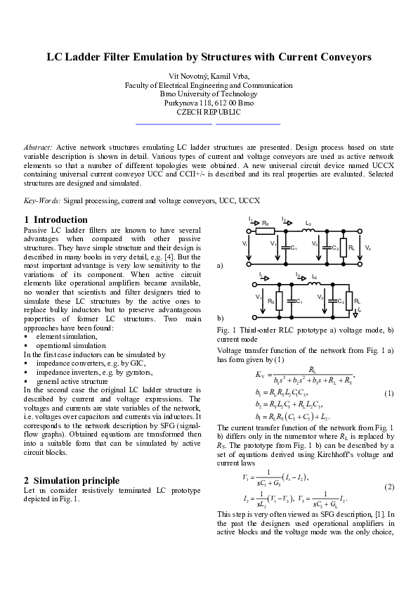 (PDF) LC Ladder Filter Emulation by Structures with Current Conveyors