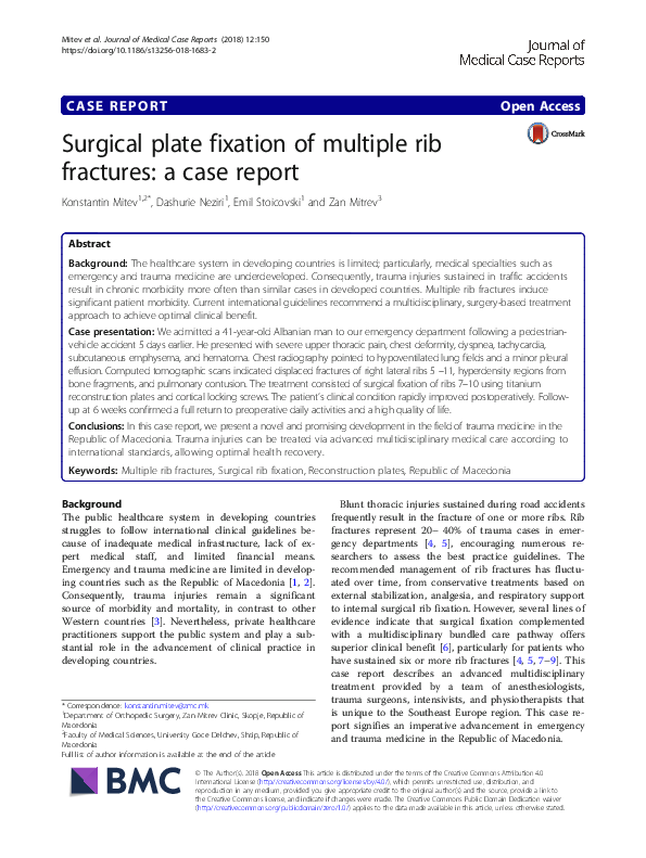 (PDF) Surgical plate fixation of multiple rib fractures: a case report