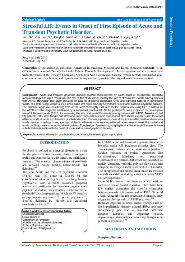 (PDF) Stressful Life Events in Onset of First Episode of Acute and ...