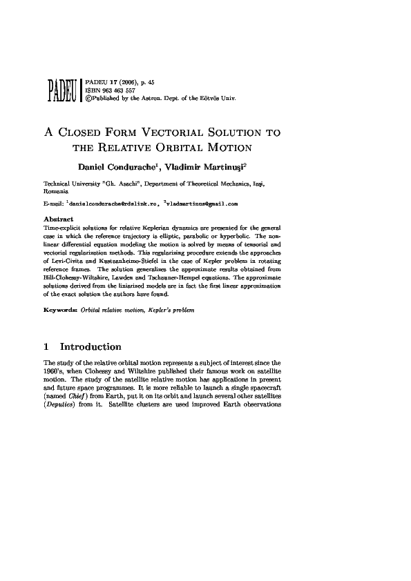 (PDF) A Closed Form Vectorial Solution to the Relative Orbital Motion