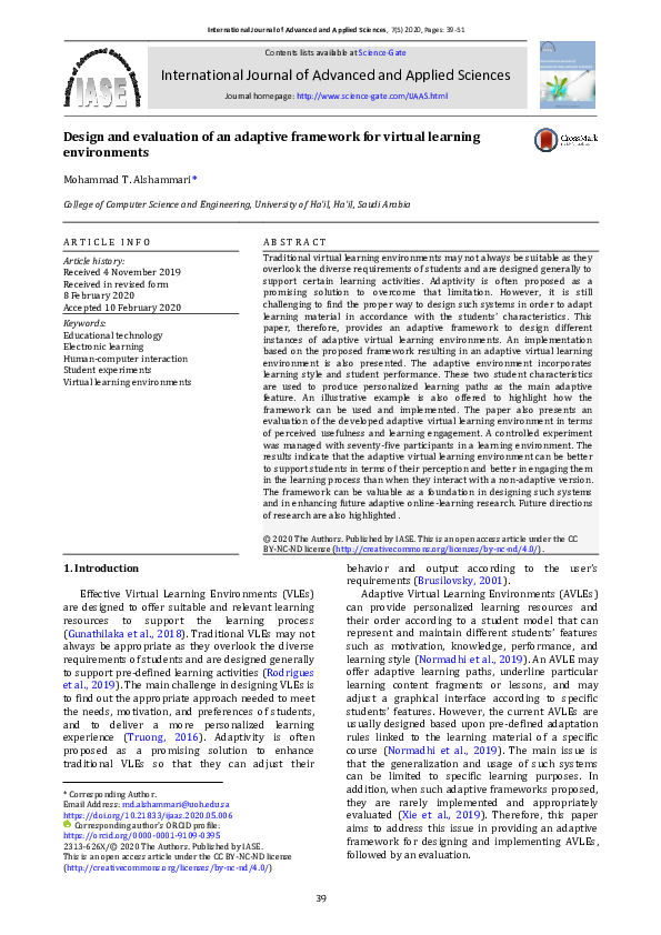 (PDF) Design and evaluation of an adaptive framework for virtual ...