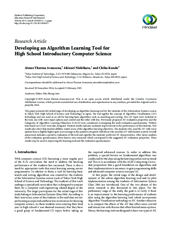 (PDF) Developing an Algorithm Learning Tool for High School ...