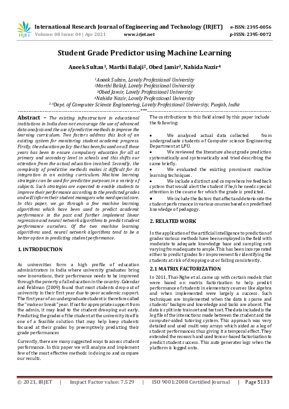 (PDF) IRJET- Student Grade Predictor using Machine Learning