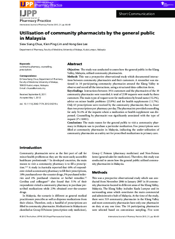 (PDF) Utilisation of community pharmacists by the general public in ...