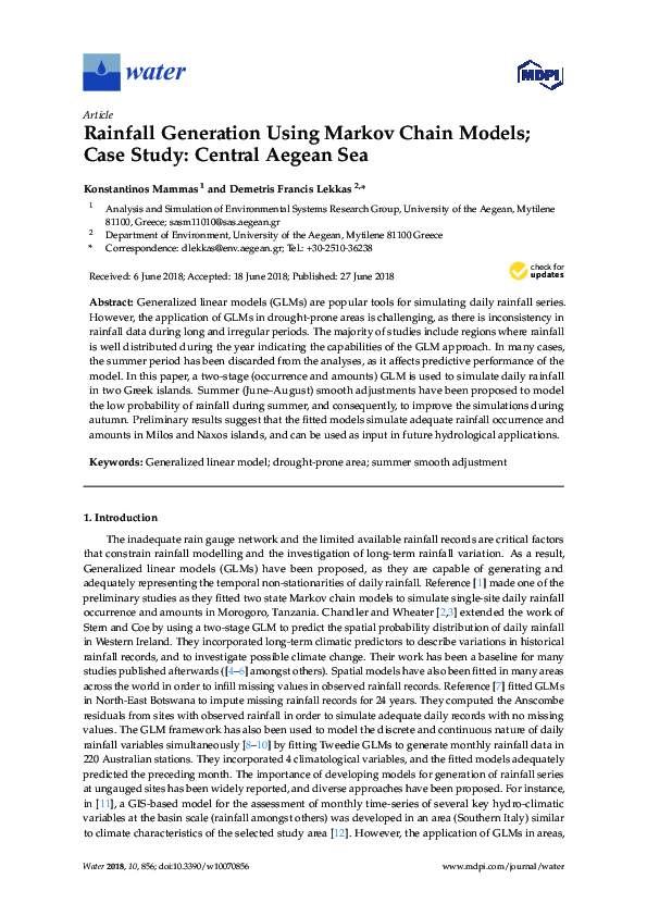 (PDF) Rainfall Generation Using Markov Chain Models; Case Study ...