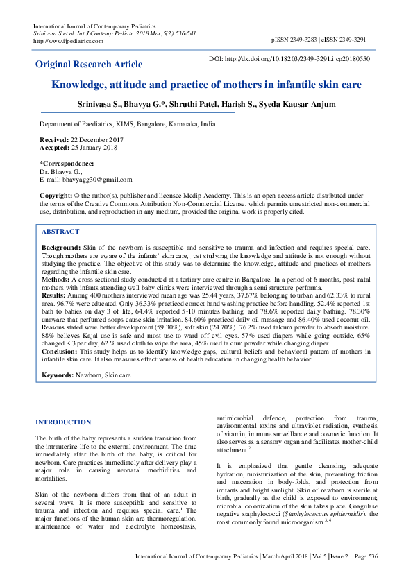 (PDF) Knowledge, attitude and practice of mothers in infantile skin care