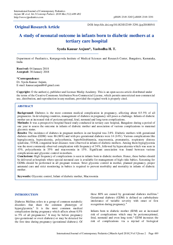 (PDF) A study of neonatal outcome in infants born to diabetic mothers ...