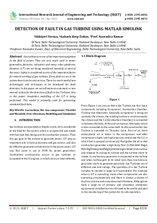 (PDF) IRJET DETECTION OF FAULT IN GAS TURBINE USING MATLAB SIMULINK