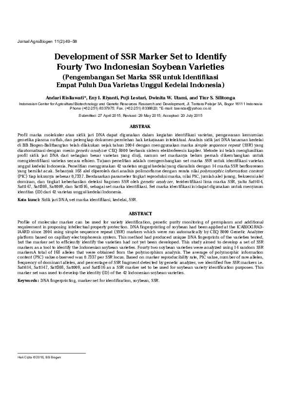 (PDF) Development of SSR Marker Set to Identify Fourty Two Indonesian ...