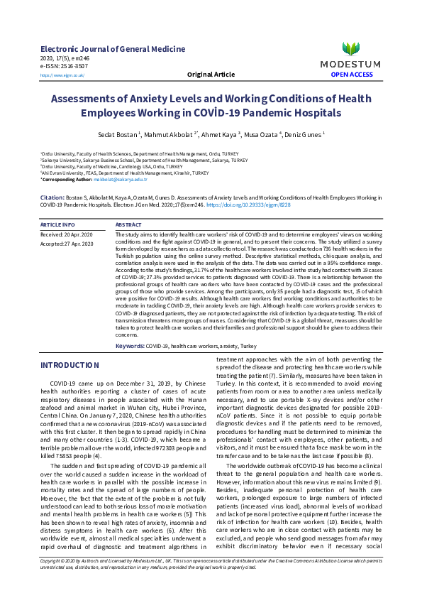 (PDF) Assessments of Anxiety Levels and Working Conditions of Health ...