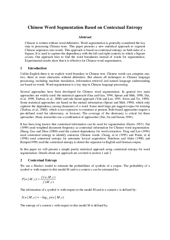 (PDF) Chinese Word Segmentation Based on Contextual Entropy