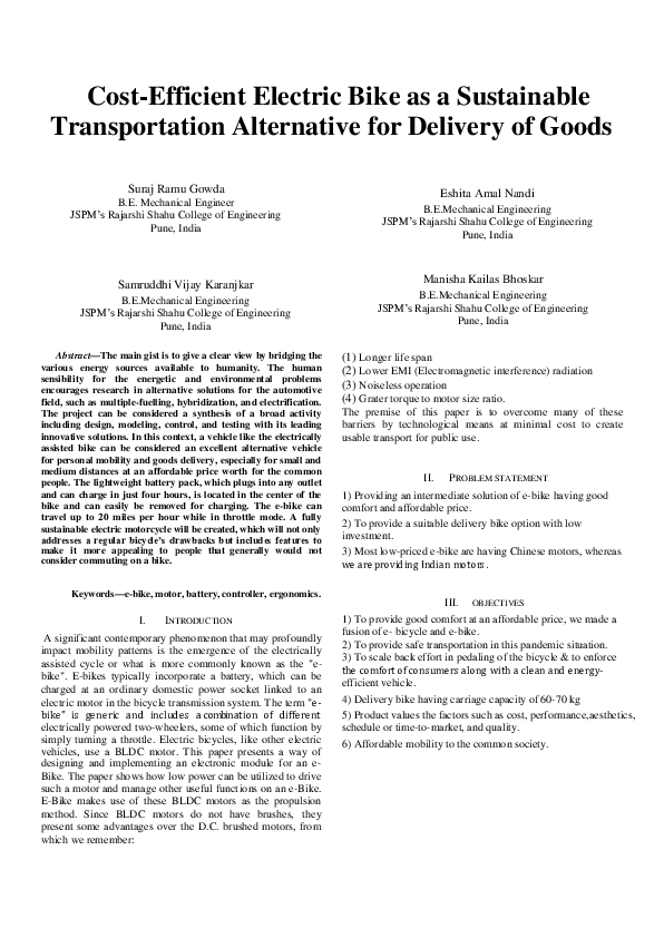 (PDF) Cost-Efficient Electric Bike as a Sustainable Transportation ...