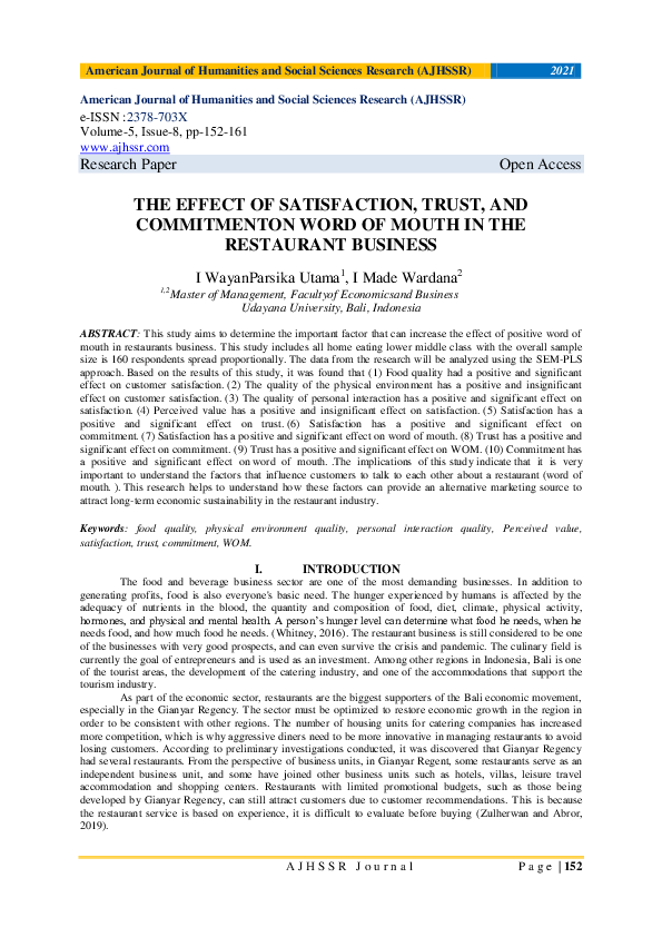 (PDF) THE EFFECT OF SATISFACTION, TRUST, AND COMMITMENTON WORD OF MOUTH ...