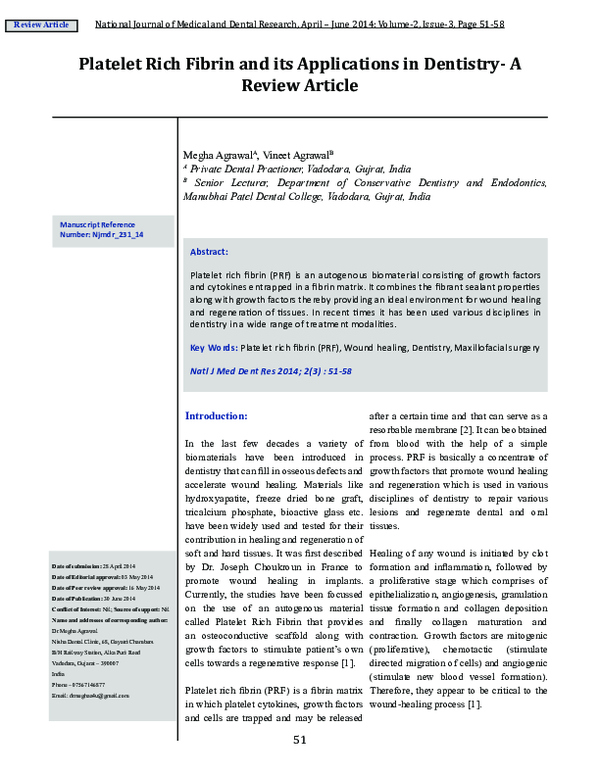(PDF) Platelet Rich Fibrin and its Applications in Dentistry-A Review ...