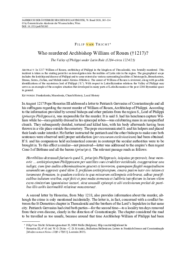 Who murdered Archbishop William of Rouen (†1217)? The Valley of Philippi under Latin Rule (1204 - circa 1224/25)
