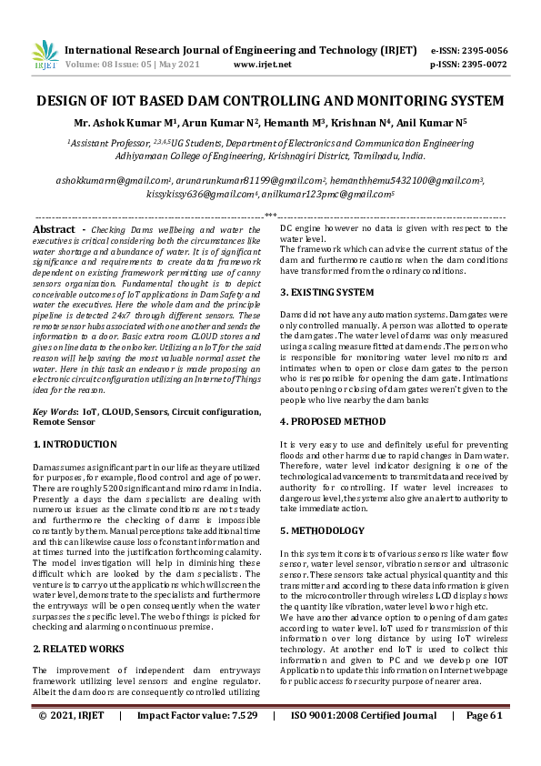 (PDF) IRJET- DESIGN OF IOT BASED DAM CONTROLLING AND MONITORING SYSTEM